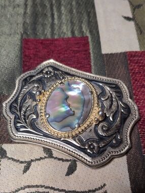 Ornate Abalone Shell Buckle in Silver Tone